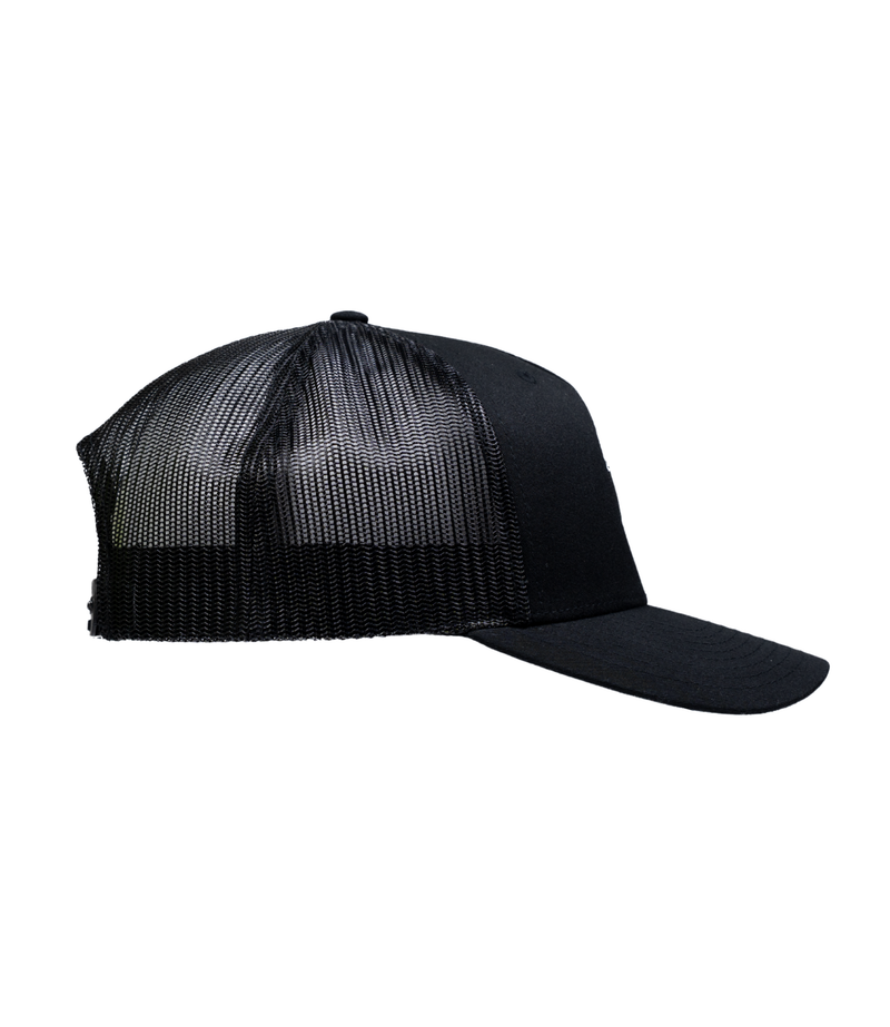 The Alex Jones Store - Rebellion To Tyrants Is Obedience To God Premium Embroidered Hat — Side profile of black trucker hat with black mesh back panel, curved brim, premium structured crown - Rebellion patch hat