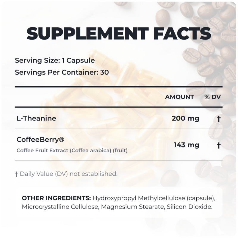 Alex Jones Naturals - Ultimate Energy - Natural Caffeine & L-Theanine (30 Capsules) (30 Servings) — Ultimate Energy supplement facts panel: 200mg L-theanine, 143mg CoffeeBerry coffee fruit extract, 30 servings per container
