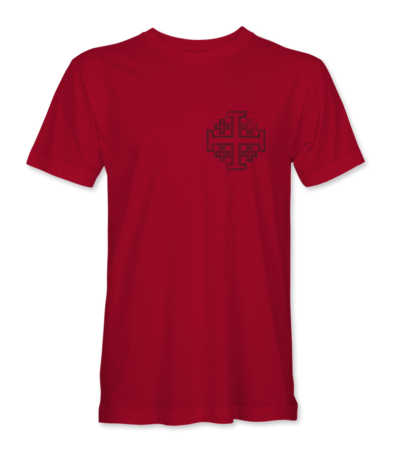 The Alex Jones Store - Red Deus Vult No Retreat No Surrender t-shirt front with small black Jerusalem cross emblem on left chest