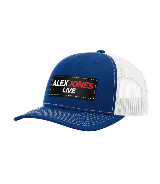 The Alex Jones Store - Side view of royal blue and white Alex Jones Live Patch Trucker Hat with stitched 'Alex Jones Live' rectangular patch