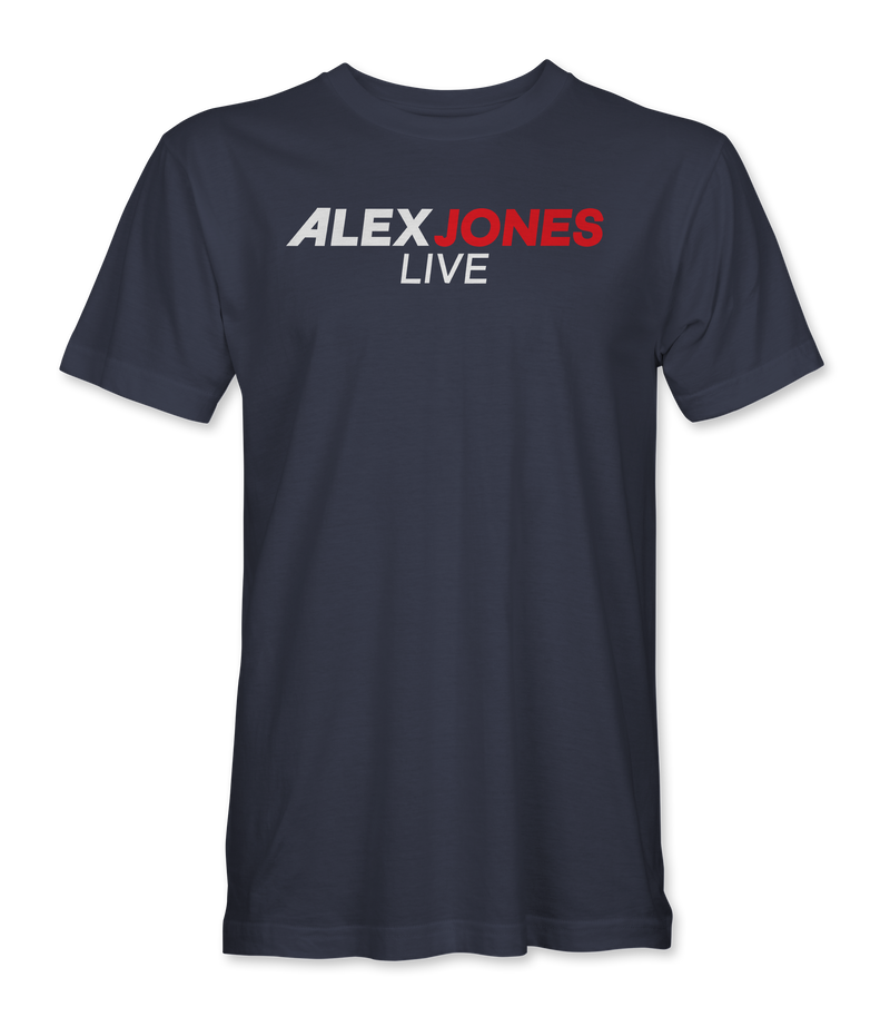 The Alex Jones Store - Navy blue Alex Jones Live t-shirt with bold red, white, and black 'ALEX JONES LIVE' logo across the chest