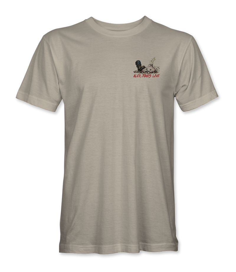 The Alex Jones Store - Cream 'Turns Out Still Open' tee front with small Alex Jones Live onion-stomp chest graphic in black and red