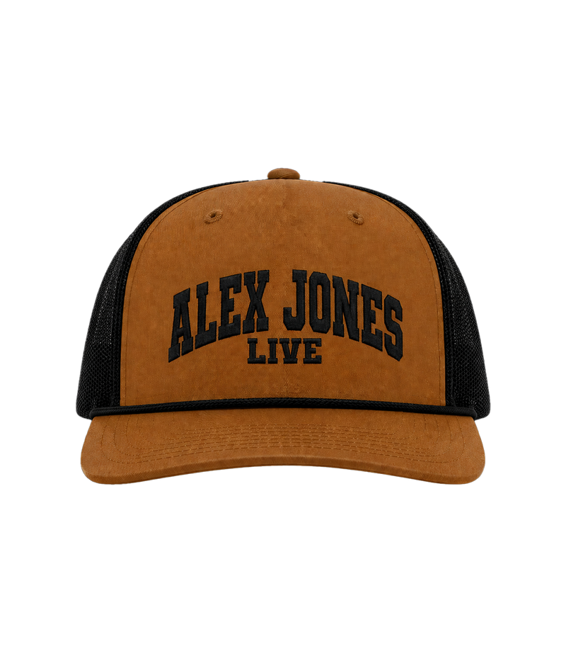 The Alex Jones Store - Tan and black Alex Jones Live Embroidered Rope Hat with collegiate 'ALEX JONES LIVE' chest embroidery, front view