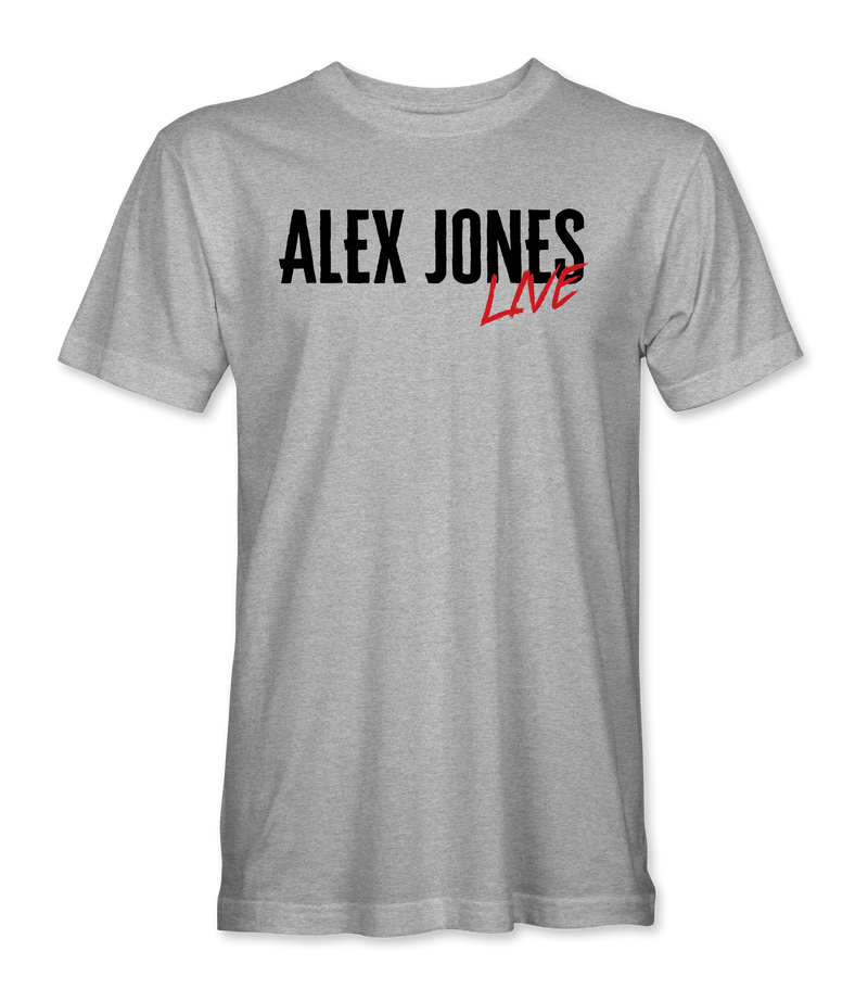 The Alex Jones Store - Heather gray Alex Jones Live Stamp t-shirt with black 'ALEX JONES' and red scratched 'LIVE' chest graphic