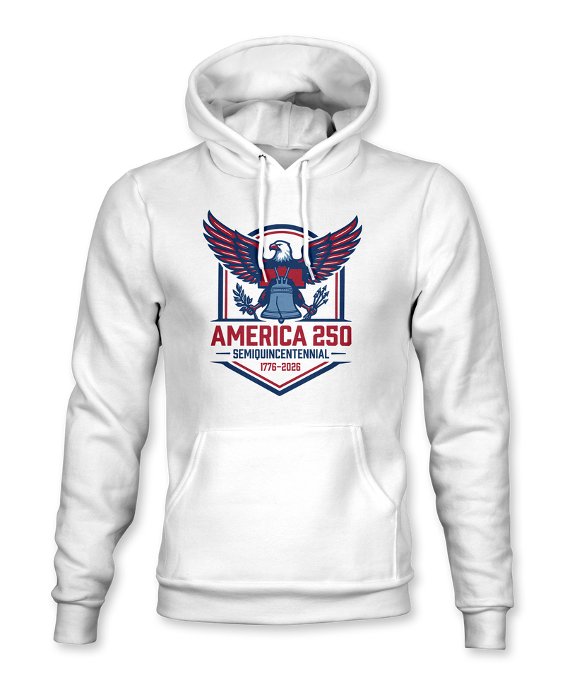 The Alex Jones Store - White America 250 hoodie with red, white and blue eagle, Liberty Bell and 'Semiquincentennial 1776-2026' chest graphic