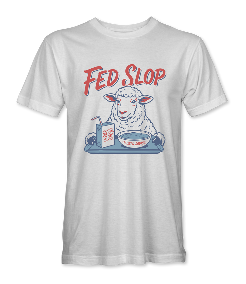 The Alex Jones Store - White 'Fed Slop' t-shirt with cartoon sheep eating from bowl labeled 'Trusted Source' and 'Official Story' juice box