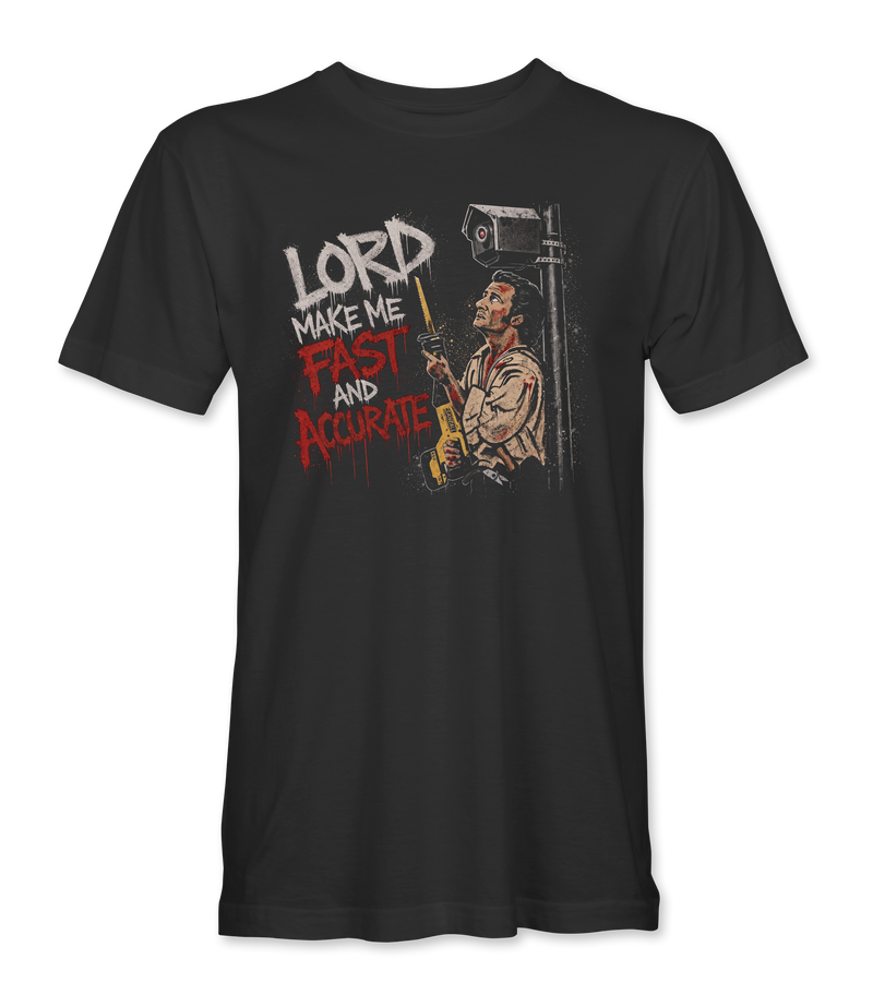 The Alex Jones Store - Front of black Lord Make Me Fast And Accurate t-shirt with surveillance camera graphic