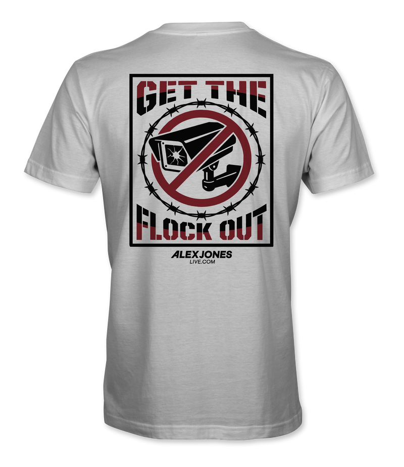 The Alex Jones Store - Back of white Get The Flock Out t-shirt with crossed-out surveillance camera and barbed wire design
