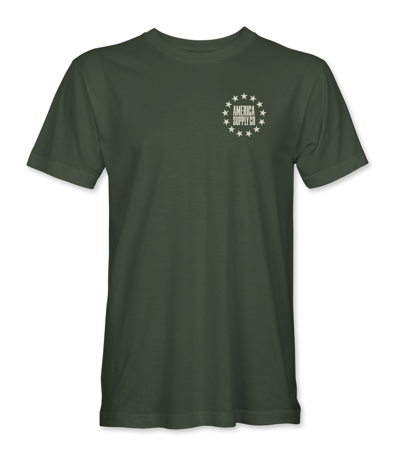 The Alex Jones Store - Front of olive green Shall Not Be Infringed t-shirt with small left-chest thirteen-star ring