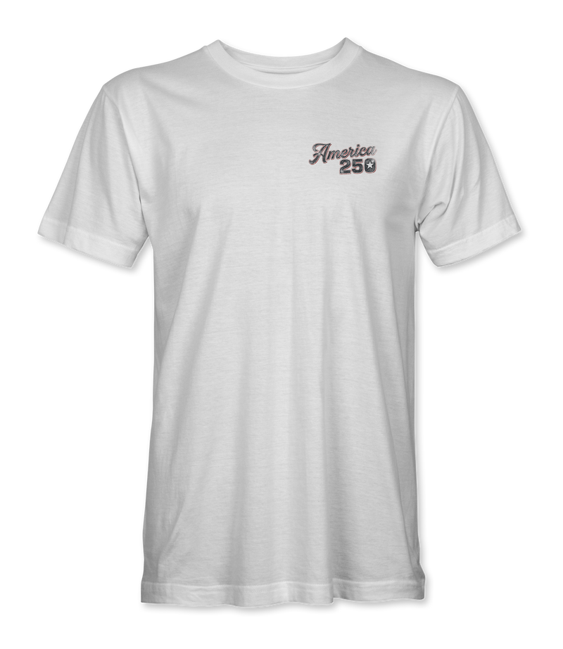 The Alex Jones Store - America 250 Flying Eagle T-Shirt — Front of white unisex tee with small 'America 250' script logo on left chest, premium ringspun cotton