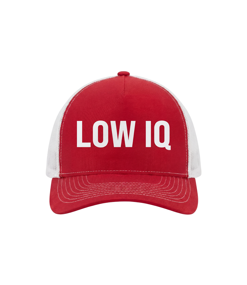 The Alex Jones Store - Red and white 'Low IQ' Limited Edition trucker hat with bold white text on structured red front and white mesh back