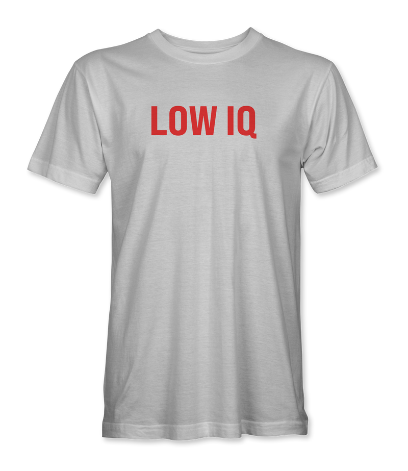 The Alex Jones Store - White 'Low IQ' Limited Edition t-shirt with bold red block lettering across the front chest, unisex premium tee