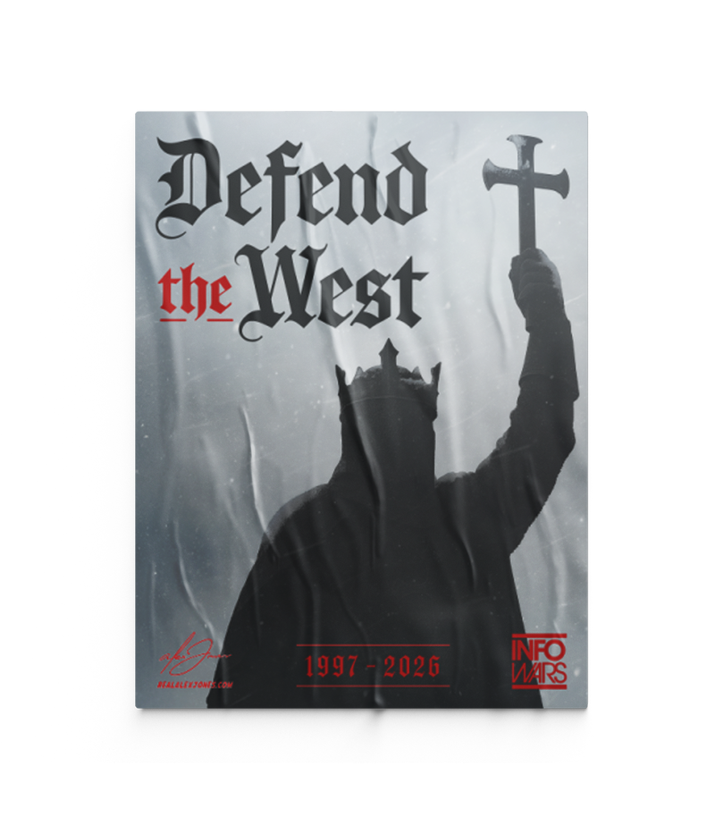 The Alex Jones Store - Defend The West Limited Edition fundraiser poster with hooded crusader holding cross silhouette and 1997-2026 Infowars