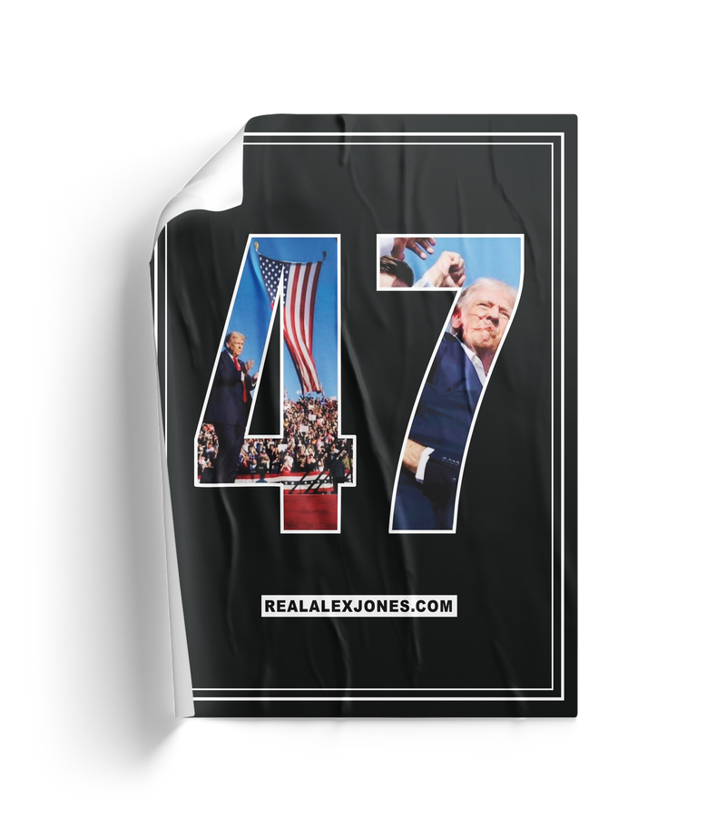 The Alex Jones Store - Curling corner view of Big Guy '47' Limited Edition fundraiser poster featuring Trump rally images in large '47'
