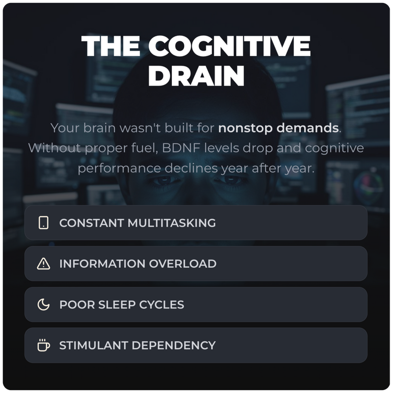 Alex Jones Naturals - Ultimate Energy - Natural Caffeine & L-Theanine (30 Capsules) (30 Servings) — Ultimate Energy 'The Cognitive Drain' graphic on multitasking, information overload, poor sleep and stimulant dependency
