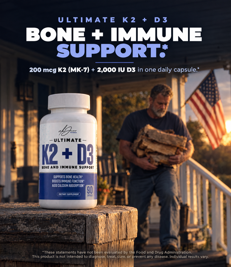 Ultimate K2 + D3 bottle on a porch rail beside a man carrying firewood: Bone + Immune Support