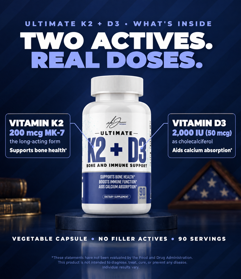 Ultimate K2 + D3 ingredients: 200 mcg vitamin K2 as MK-7 and 2,000 IU vitamin D3