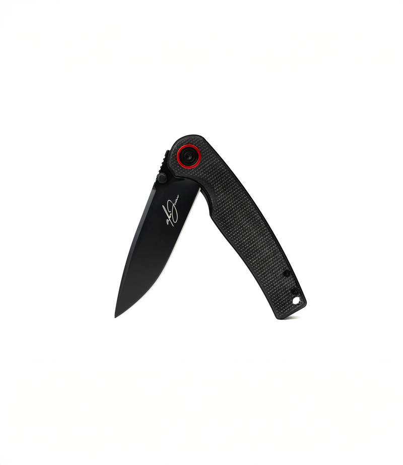 The Alex Jones Store - Alex Jones Micarta folding knife in half-open position showing black blade with signature etching and black micarta scales