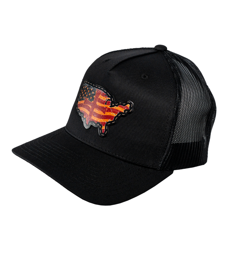The Alex Jones Store - Three-quarter view of black Deus Vult Patriot's Crest trucker hat with USA flag-cross patch and black mesh back
