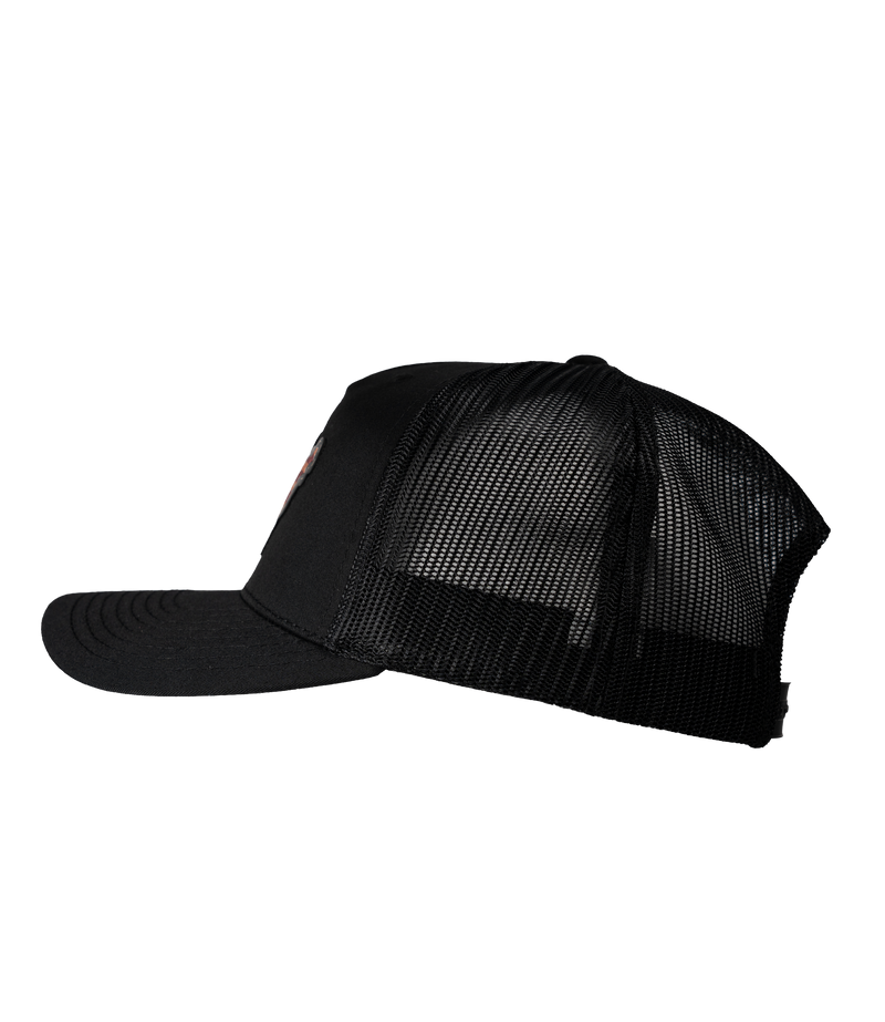 The Alex Jones Store - Left side view of all-black Deus Vult Patriot's Crest trucker hat with black mesh back and pre-curved visor