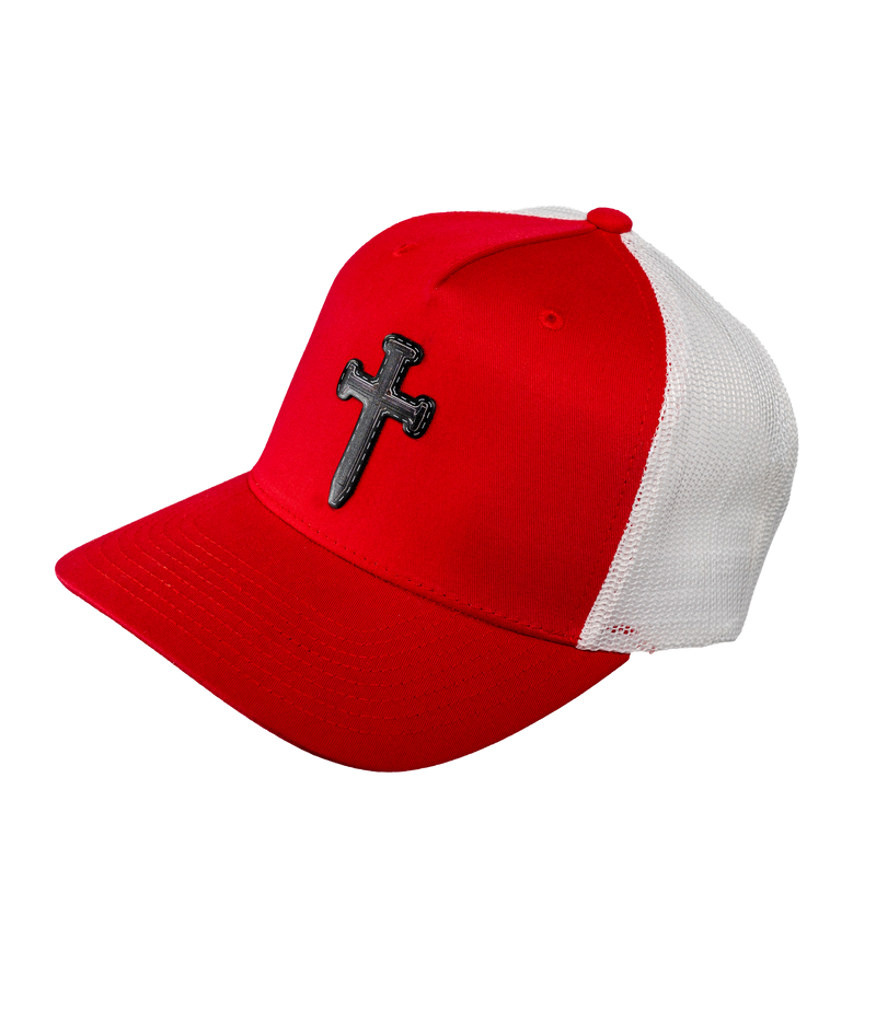 The Alex Jones Store - Three-quarter view of red Deus Vult Cross Nails trucker hat with white mesh back and black cross-of-nails patch