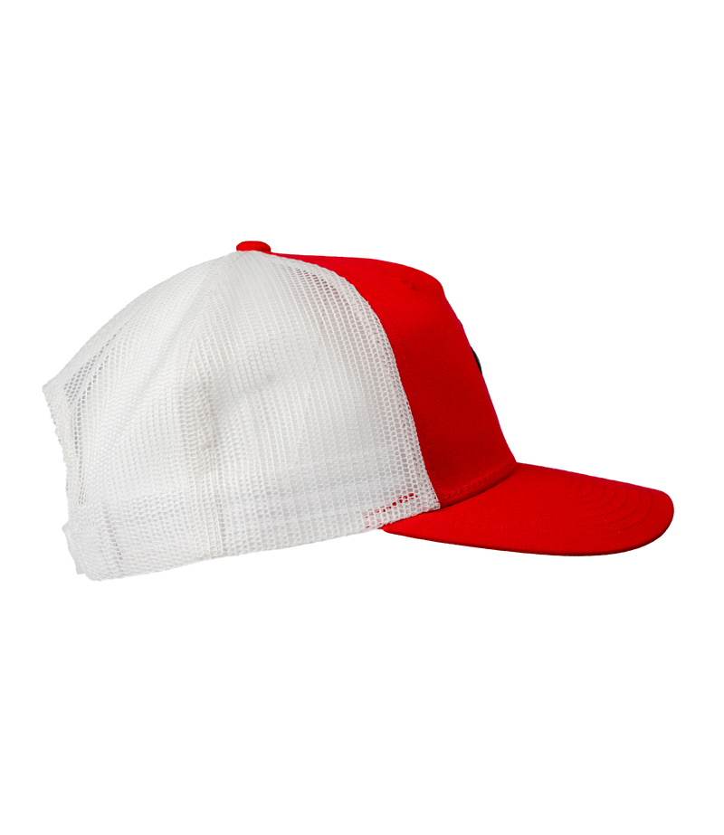 The Alex Jones Store - Right side view of red Deus Vult Cross Nails trucker hat showing white mesh back panel and pre-curved red visor