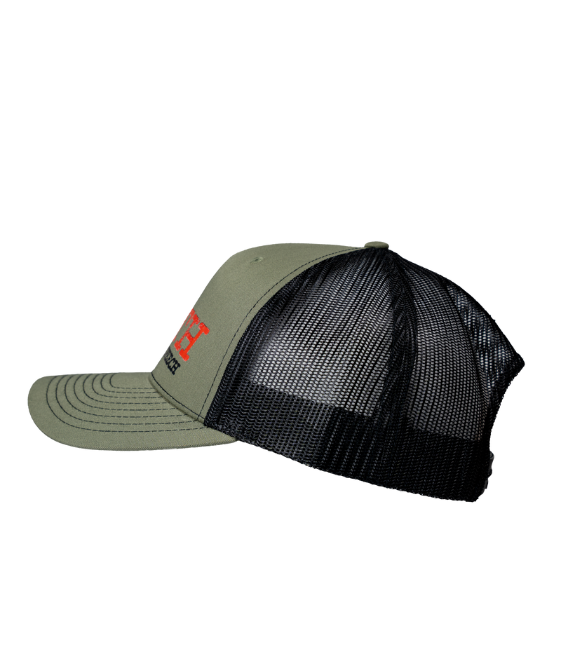 The Alex Jones Store - Truth Is The New Hate Speech Trucker Hat — Olive green and black trucker hat, left side view, showing partial red 'TRUTH' embroidery and black mesh panels