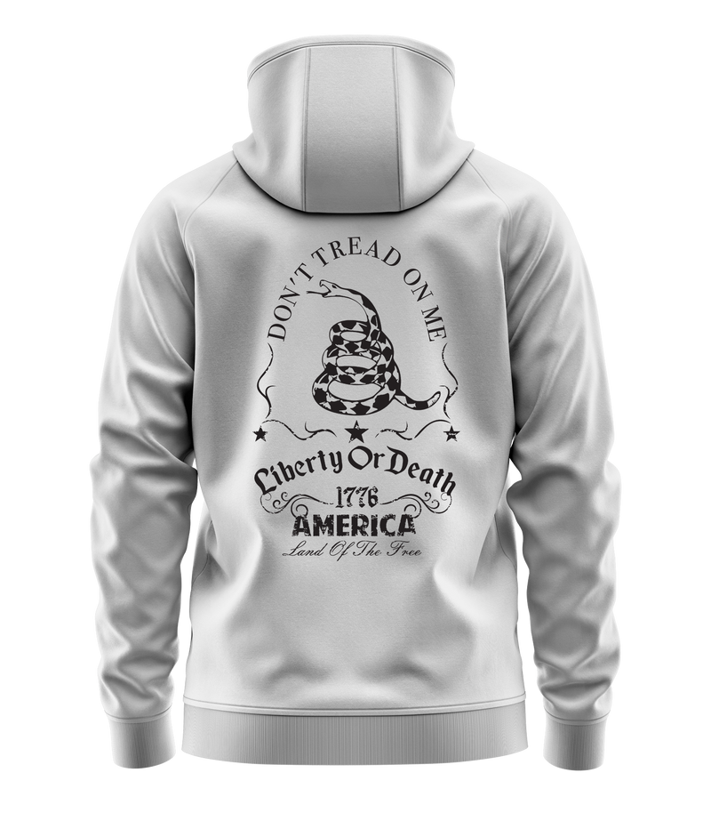 The Alex Jones Store - White hoodie back view with black 'Don't Tread On Me Liberty Or Death 1776 America Land Of The Free' Gadsden snake design