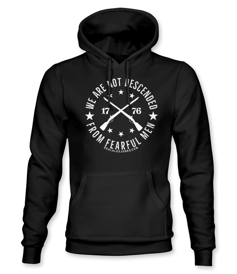 The Alex Jones Store - Black pullover hoodie with white 'We Are Not Descended From Fearful Men 1776' crossed muskets crest design