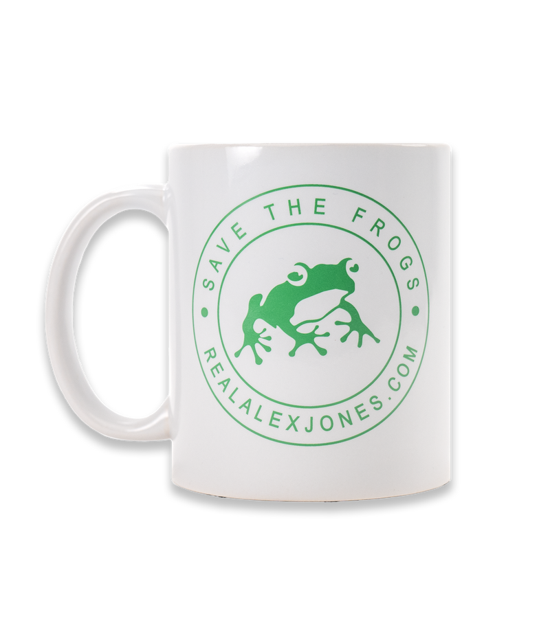 The Alex Jones Store - White ceramic Save The Frogs coffee mug, back view with partial green frog seal circular logo and handle on left