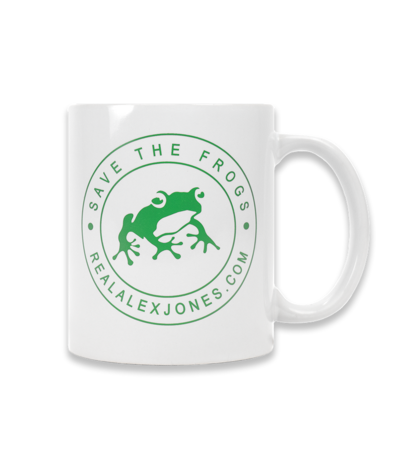 The Alex Jones Store - White ceramic Save The Frogs coffee mug front view with green frog seal reading 'Save The Frogs realalexjones.com'