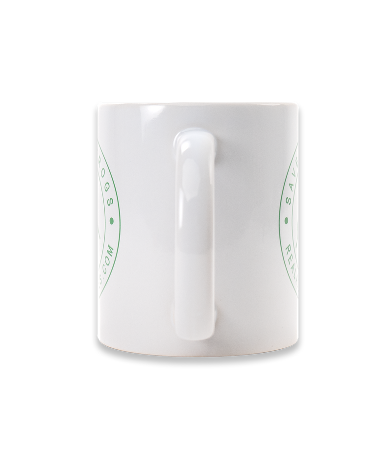 The Alex Jones Store - White ceramic Save The Frogs coffee mug right side view showing handle and partial green frog seal logo