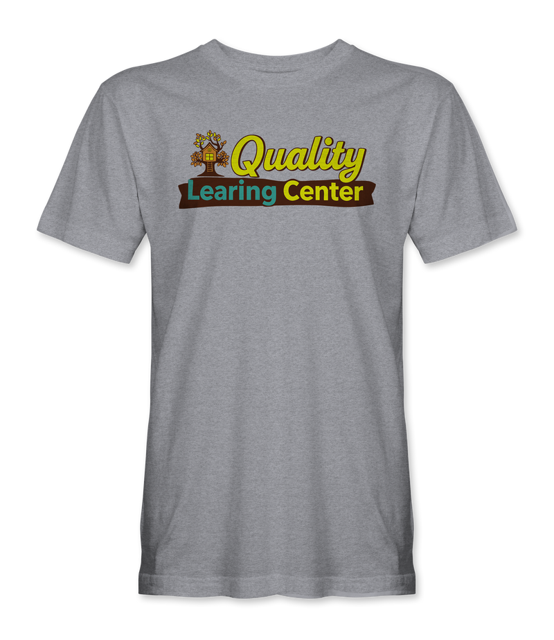 The Alex Jones Store - Heather grey Quality Learing Center t-shirt with retro PBS-style logo featuring treehouse and colorful text design