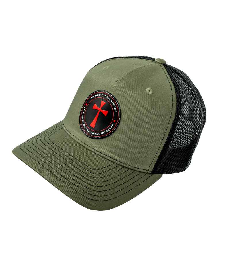 The Alex Jones Store - Three-quarter view of olive green You Shall Conquer leather patch hat with black mesh back panels