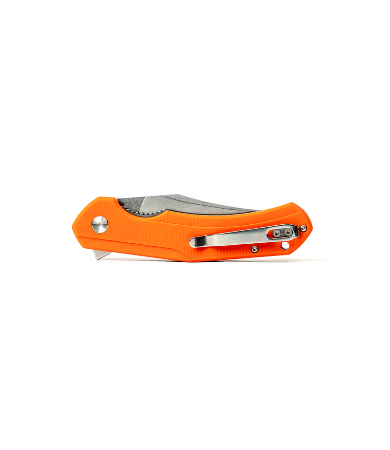 The Alex Jones Store - Closed Alex Jones Burnt Orange folding blade showing textured orange G10 handle, silver pocket clip and tip-up carry design