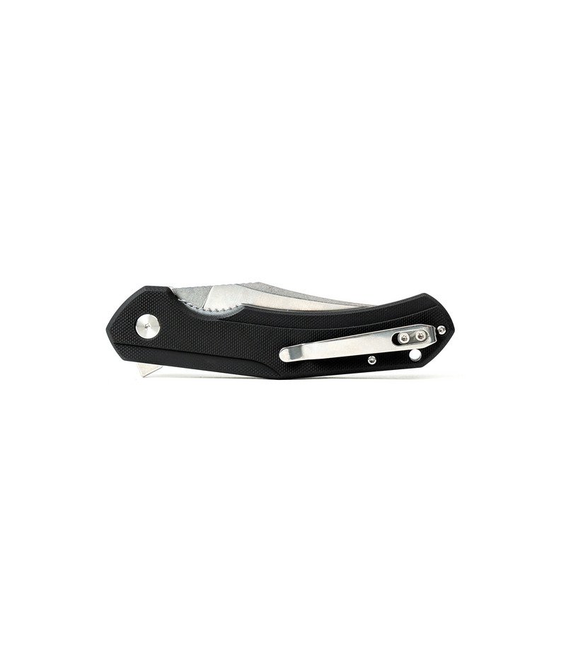 The Alex Jones Store - Alex Jones Phantom folding blade closed in compact carry position, showing textured black G10 handle and steel pocket clip