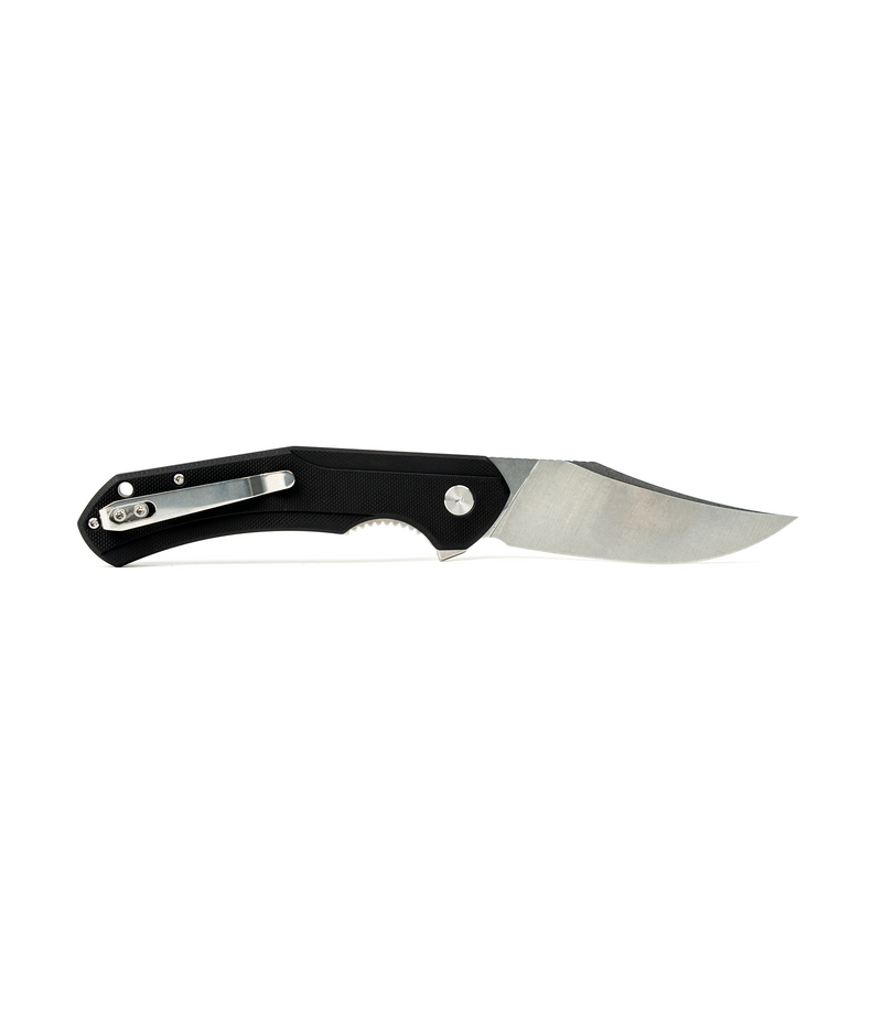 The Alex Jones Store - Alex Jones Phantom folding knife reverse view, stone-washed blade fully open with black G10 handle and silver pocket clip