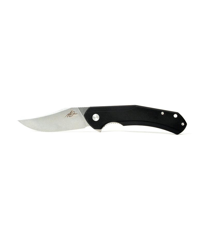 The Alex Jones Store - Alex Jones Phantom folding blade with black G10 handle and stone-washed curved D2 steel blade, open position with AJ signature etching