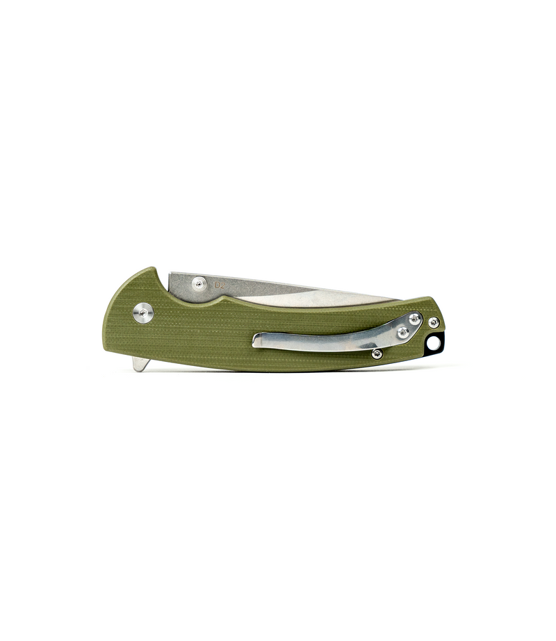 The Alex Jones Store - Closed Alex Jones Quick Release folding knife showing OD green G10 handle, sculpted contour and silver pocket clip