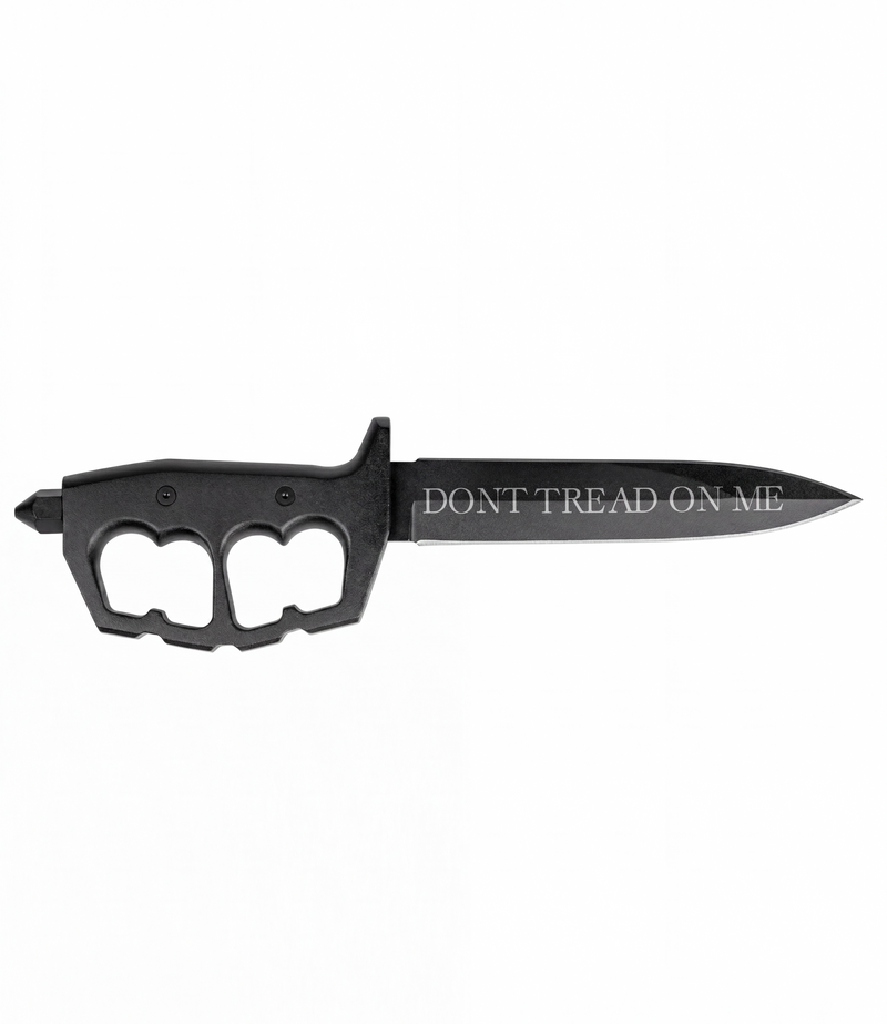 The Alex Jones Store - Black trench knife with knuckle-guard handle and 'Don't Tread On Me' etched blade, Trench War Dagger fixed blade