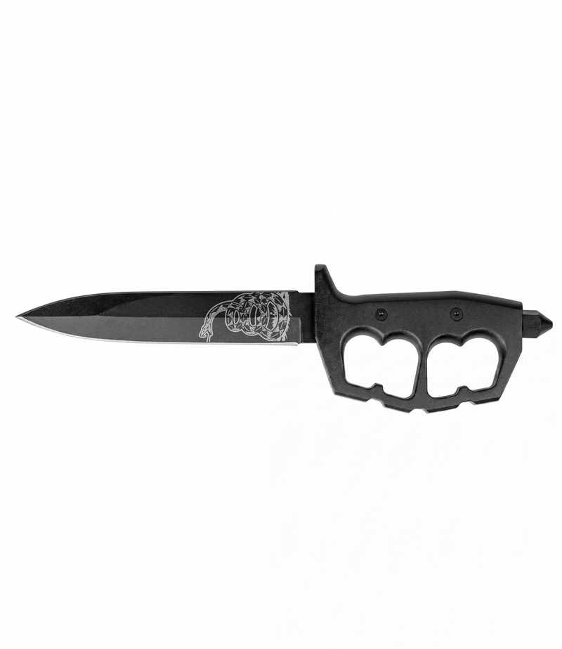 The Alex Jones Store - Don't Tread On Me Trench War Dagger with black knuckle-guard handle and coiled Gadsden rattlesnake etched on stone-washed blade
