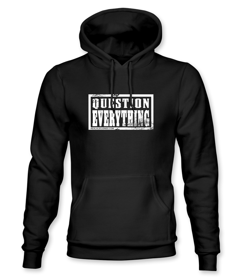 The Alex Jones Store - Black pullover hoodie with white 'Question Everything' grunge stamp logo across the chest
