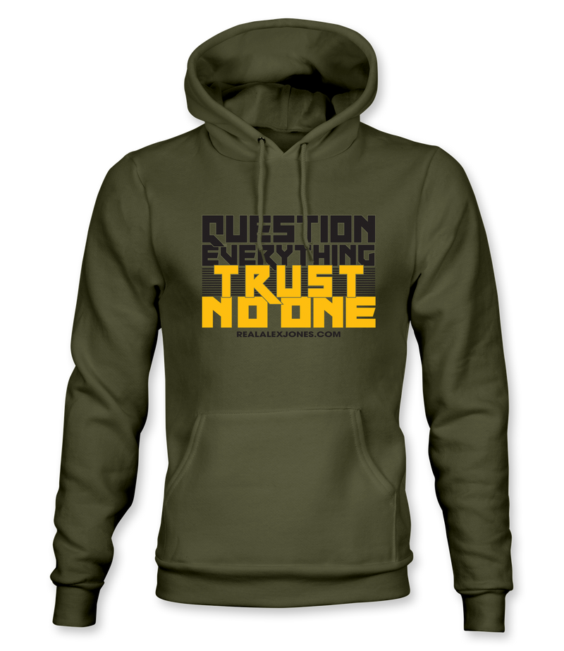 The Alex Jones Store - Olive green Question Everything Trust No One hoodie with bold yellow and dark gray slogan graphic on front