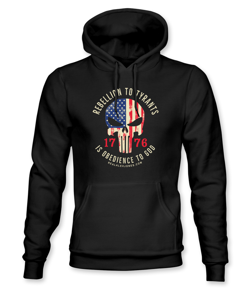 The Alex Jones Store - Black pullover hoodie with 'Rebellion To Tyrants Is Obedience To God' American flag punisher skull 1776 graphic