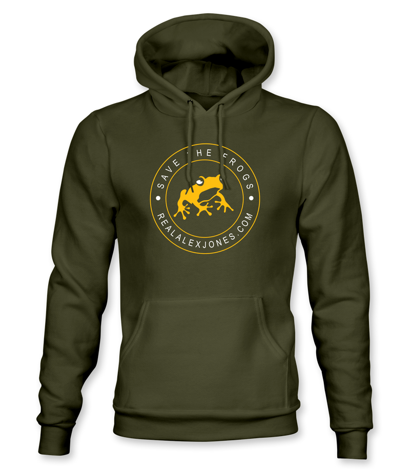 The Alex Jones Store - Olive green hoodie with yellow circular 'Save The Frogs RealAlexJones.com' frog crest logo on chest