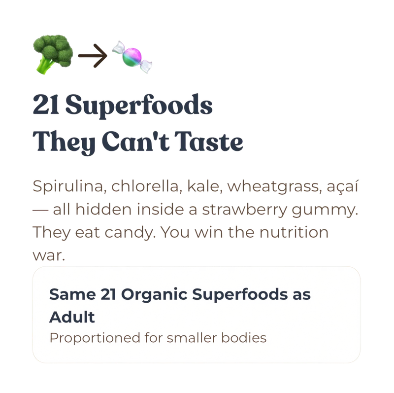 21 organic superfoods they can't taste, the same blend as the adult bag proportioned for smaller bodies