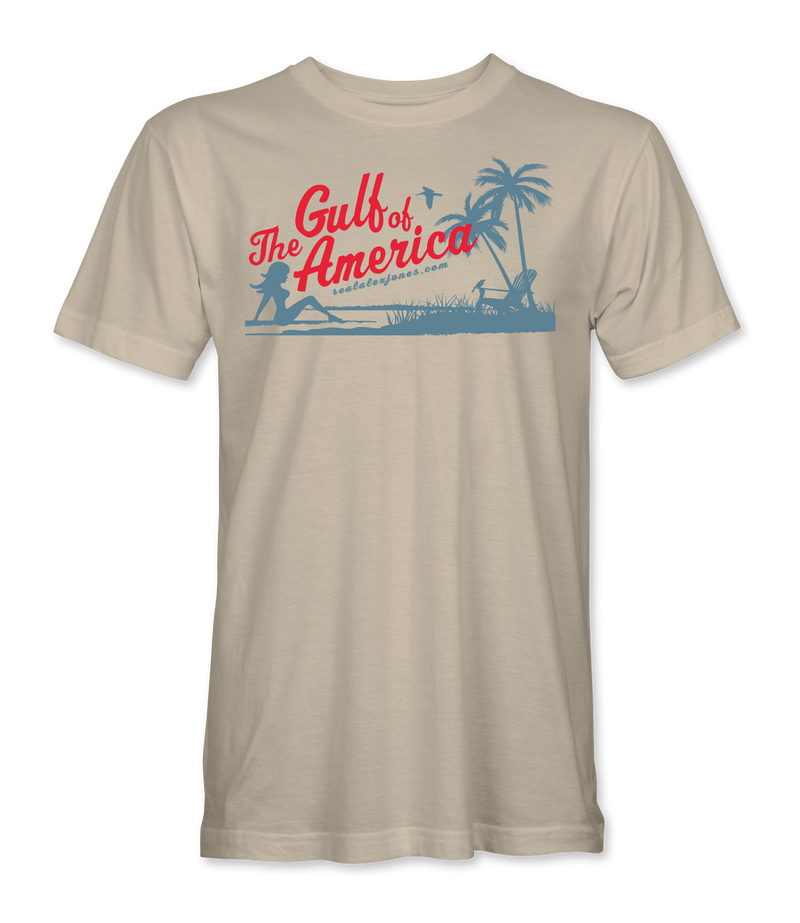 The Alex Jones Store - Sand cream tee with red 'The Gulf of America' script and blue palm tree beach silhouette graphic, unisex Gulf Of America T-Shirt
