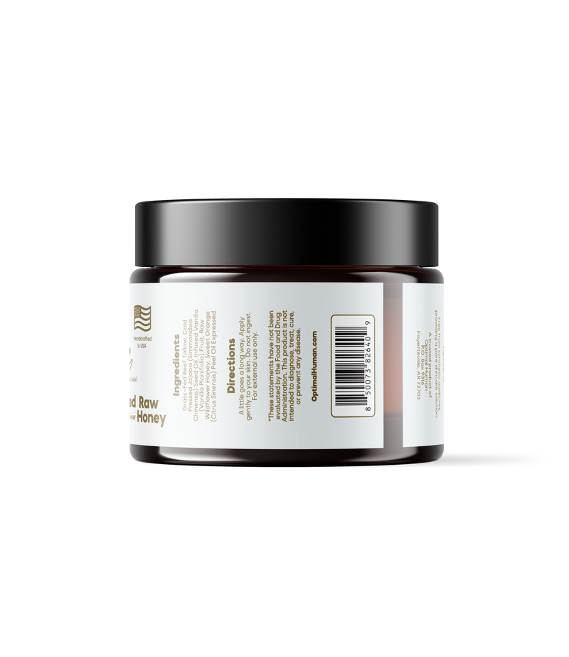 Alex Jones Naturals - Optimal Human - Grass-Fed Tallow Balm With Raw Honey (2 oz) — Back of amber Optimal Human Tallow Balm jar showing ingredients, directions, and barcode label