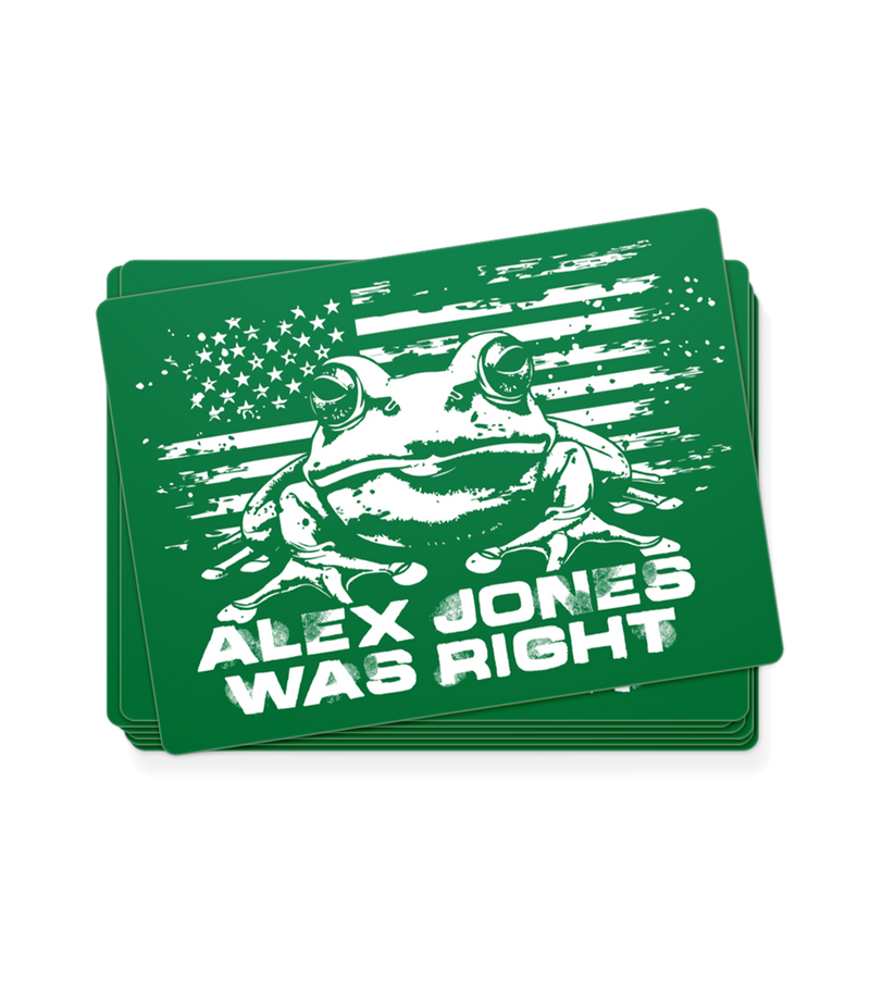 The Alex Jones Store - Green rectangular vinyl decals with white American flag, frog and 'Alex Jones Was Right' grunge text