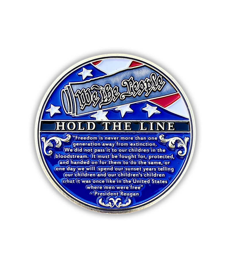The Alex Jones Store - Back side of Hold The Line challenge coin with 'We The People Hold The Line' blue enamel and Reagan freedom quote